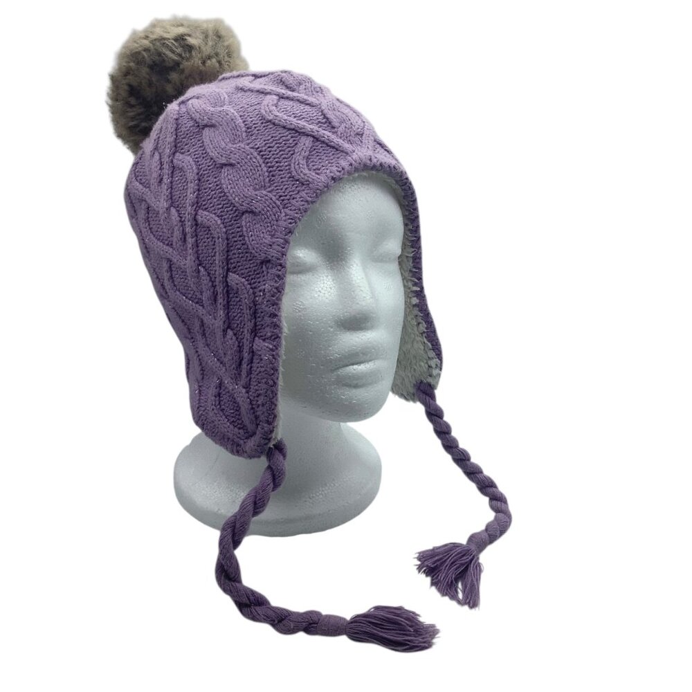 Hanna Andersson Purple Cable Knit Earflap Hat Pom‎ Cotton Blend Girl Large